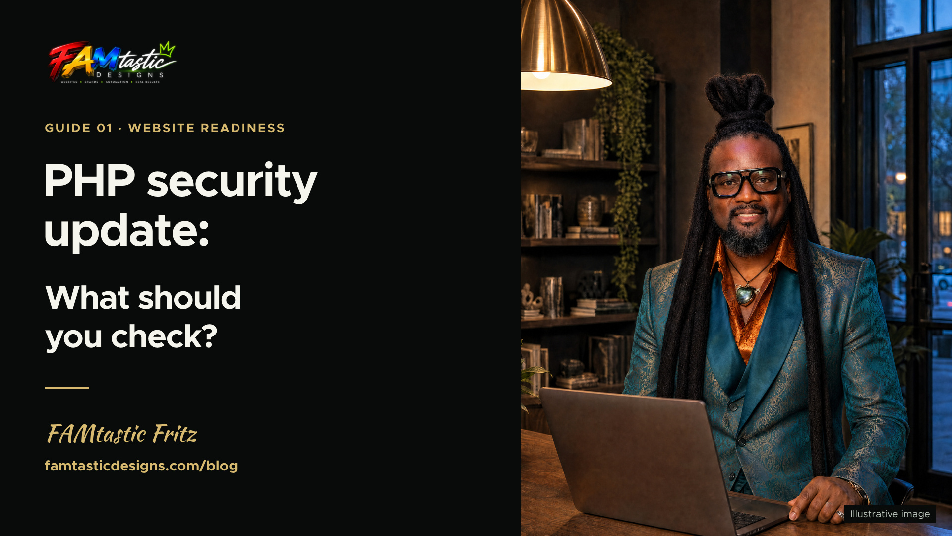 Illustration of FAMtastic Fritz beside a laptop, with the headline “PHP security update: What should you check?”